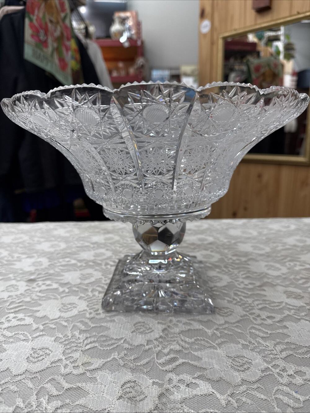 Vintage Imperlux Lead Crystal Queens Lace Cut Compote Bowl Square Base Pedestal